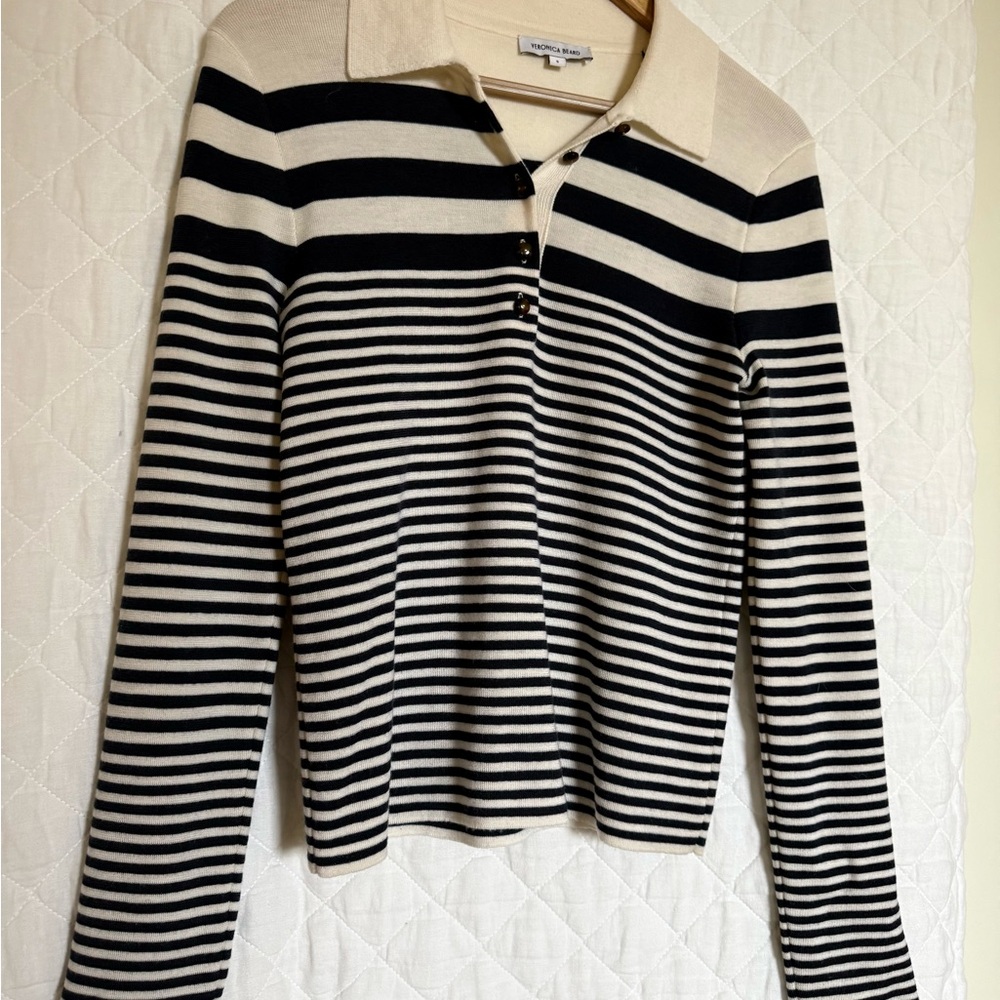 Veronica Beard Navy & Ivory Striped Long-Sleeve Polo Sweater